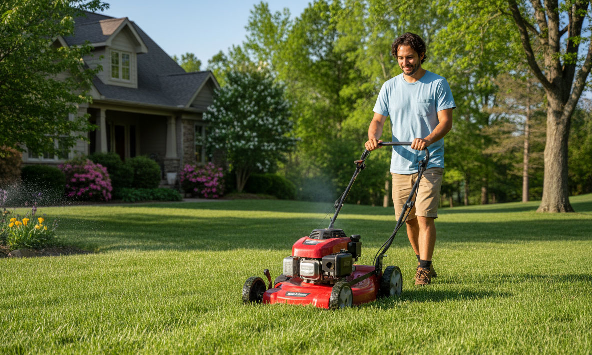 Person mowing a lush, weed-free lawn with a red gas-powered mower