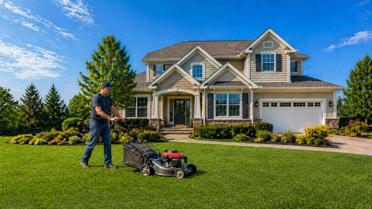 Man mowing a healthy green lawn in Massachusetts
